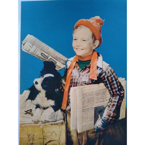 Boy And Dog Black & White Puppy Paperboy Art Print Vintage 1940s Lithograph NOS - Picture 5 of 6